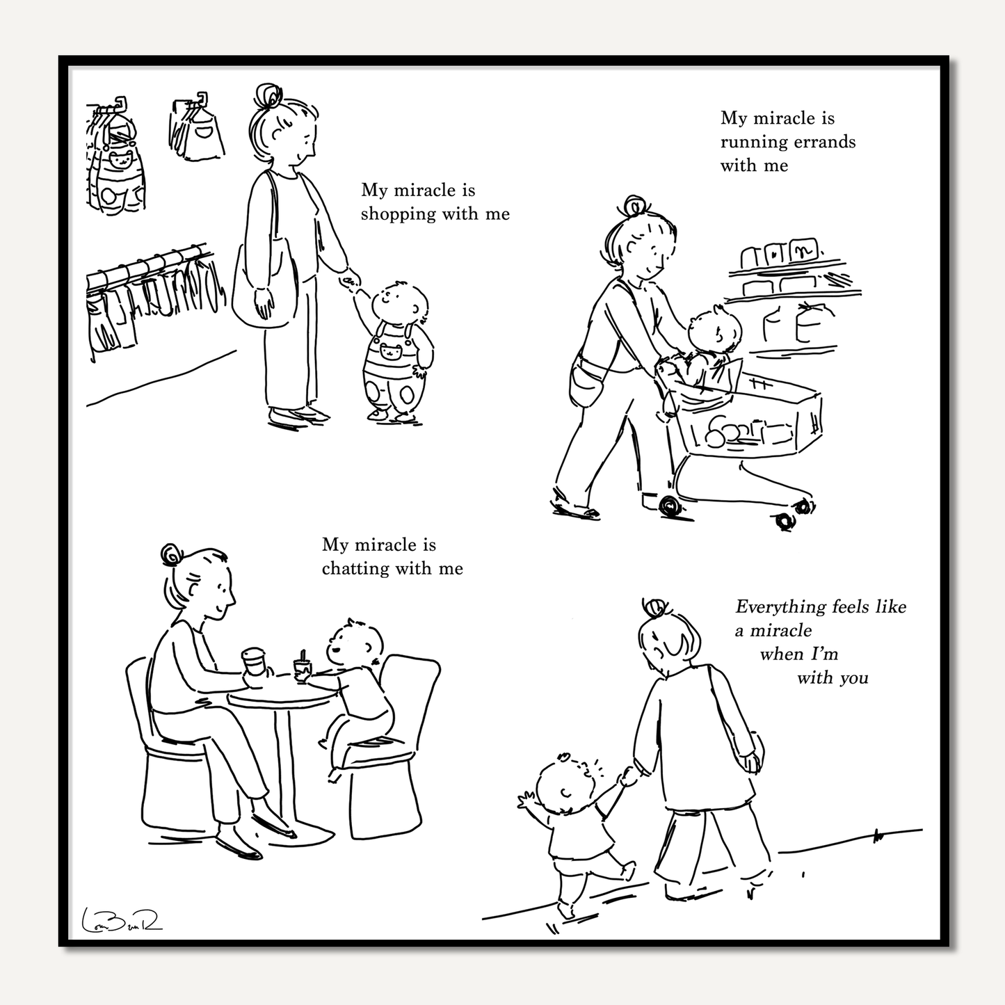 Line drawing of person doing different activities with babies on white background with text