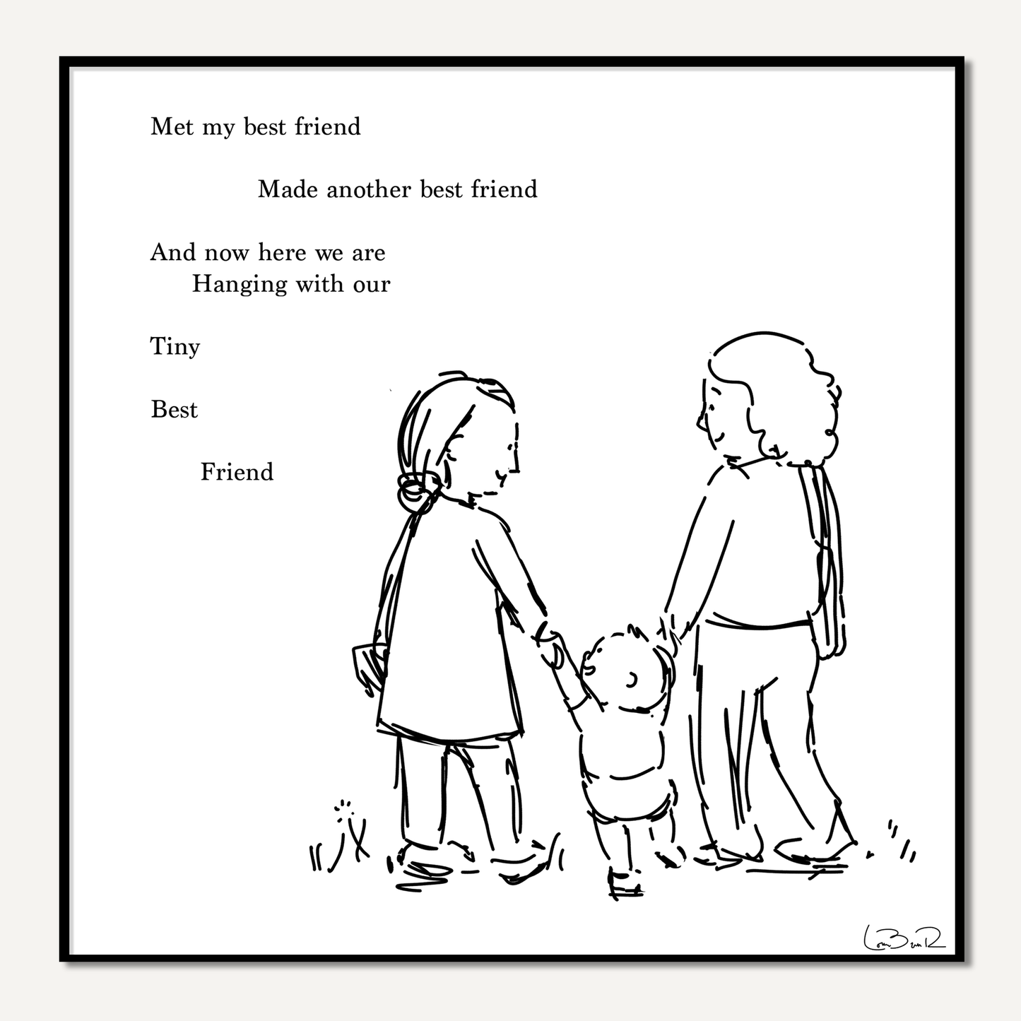 Black and white illustration of two adults and a child holding hands with text above them on a white background.