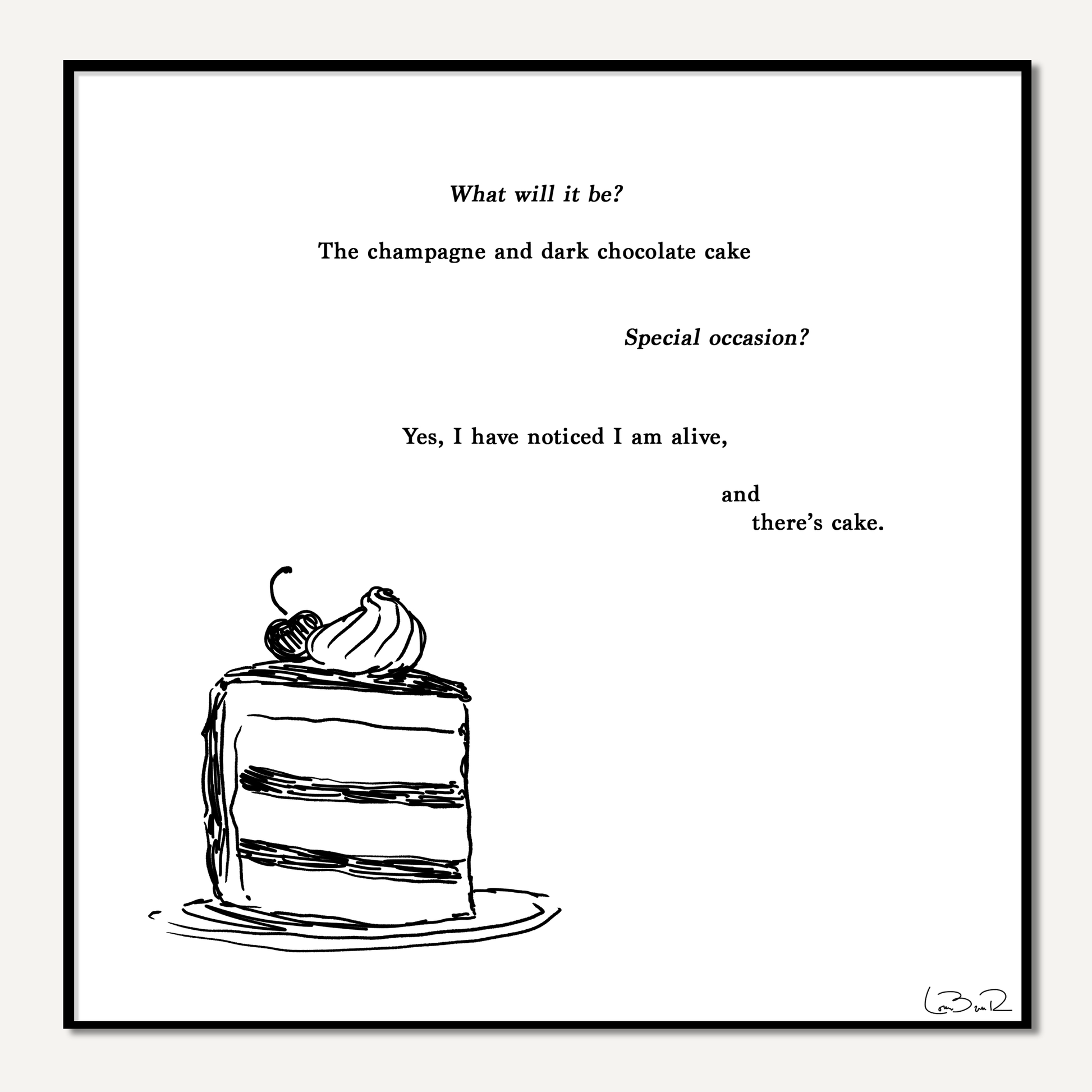 Line drawing of a piece of cake on white background with poem