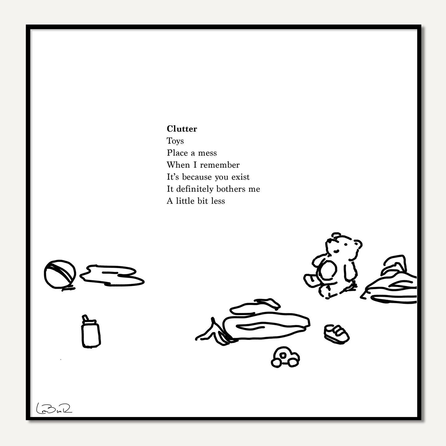 Line drawing of kid's toys on white background with poem