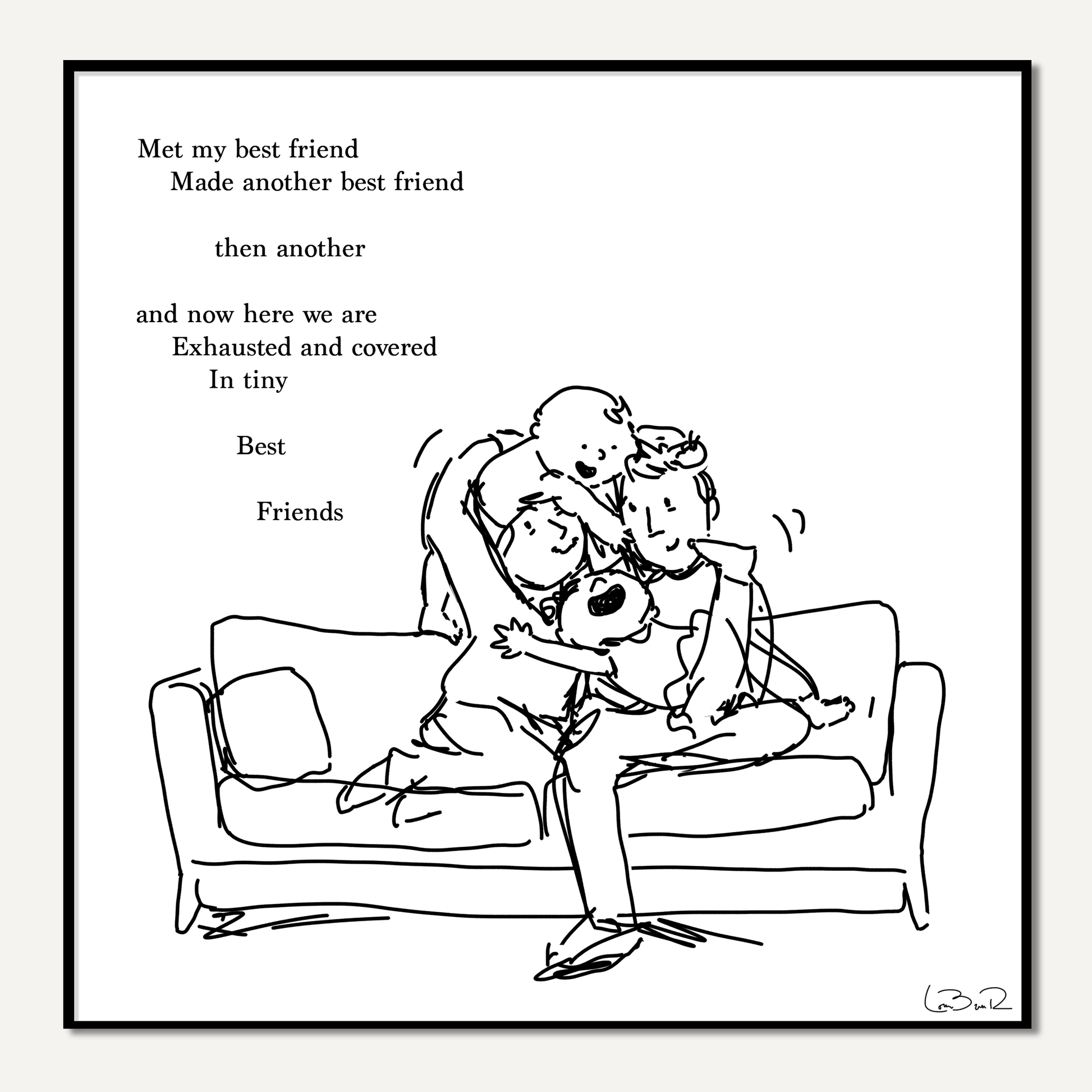 Line drawing of two adults and two kids playing on a couch on white background with poem