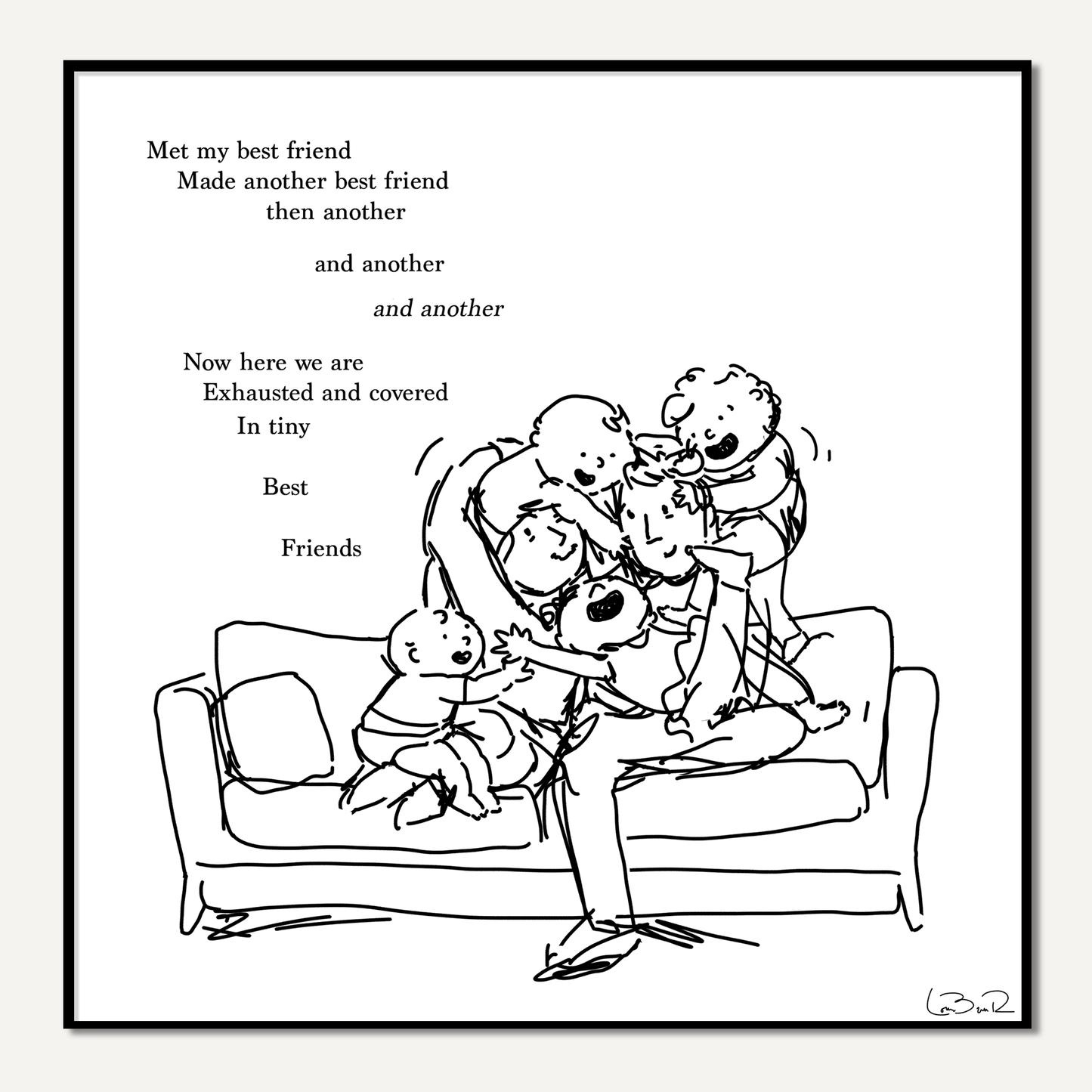 Line drawing of two adults and four kids playing on a couch on white background with poem