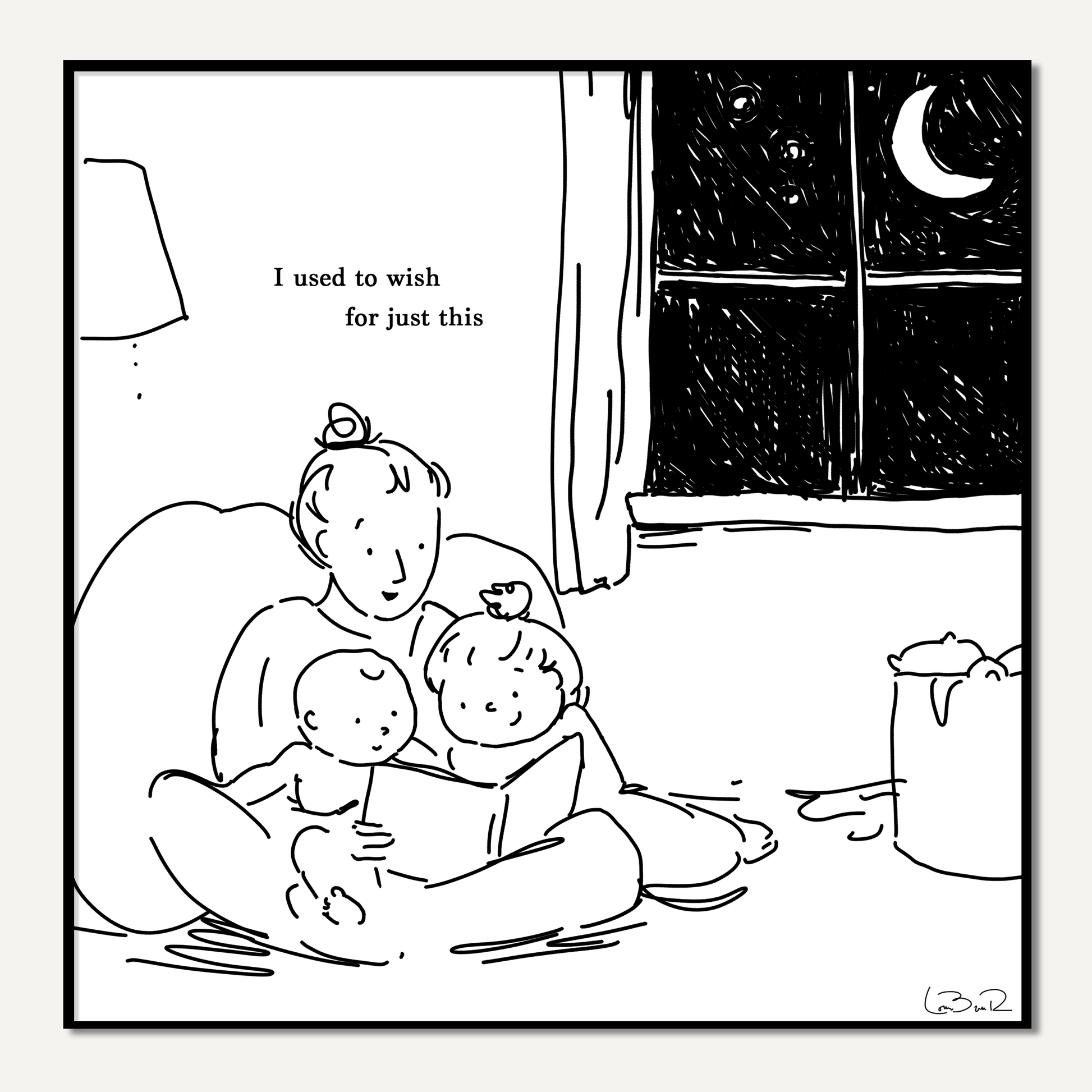 Line drawing of person reading to two babies white background with poem