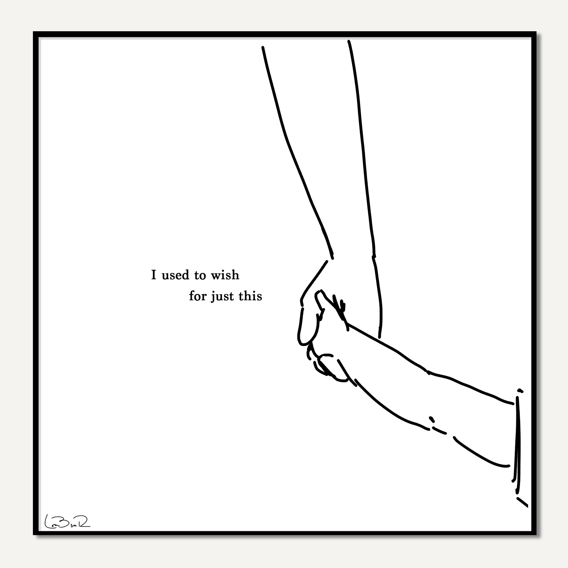 Line drawing of an adult holding a kid's hand on white background with poem