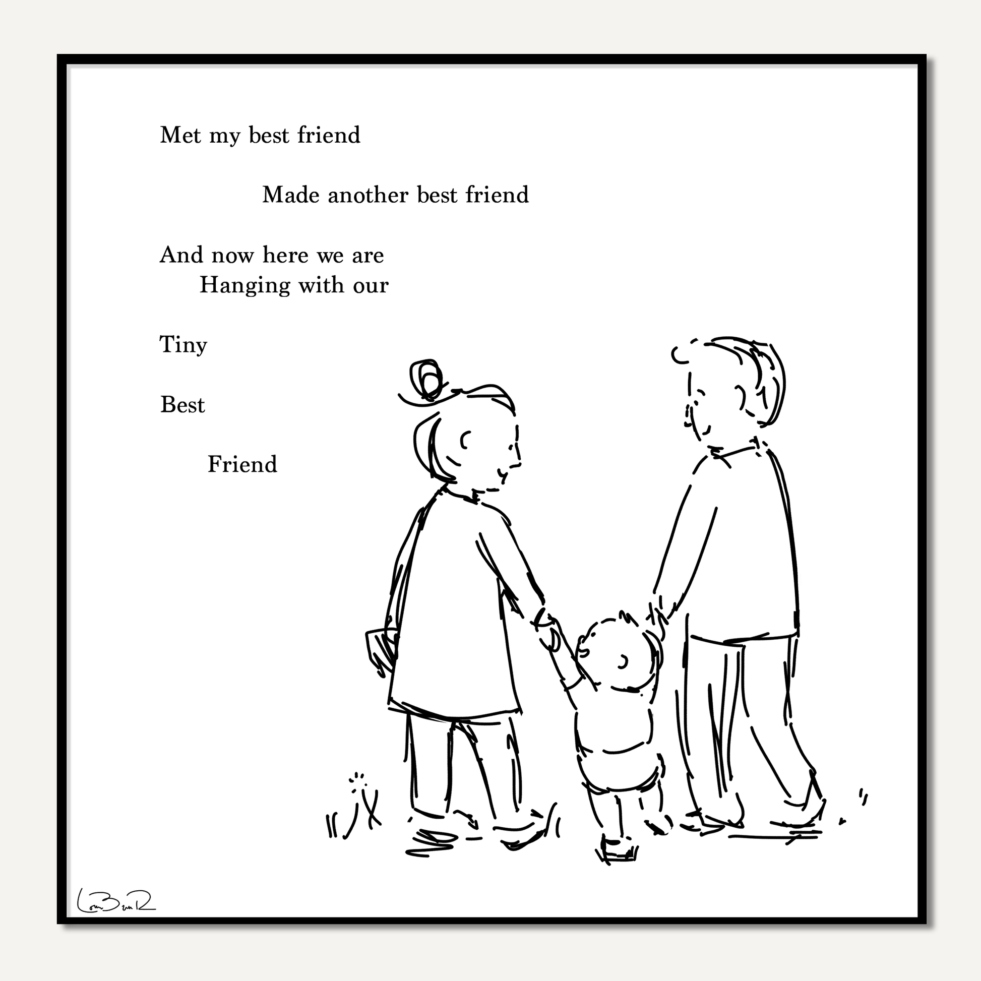 Line drawing of two people holding a baby's hands on white background with poem