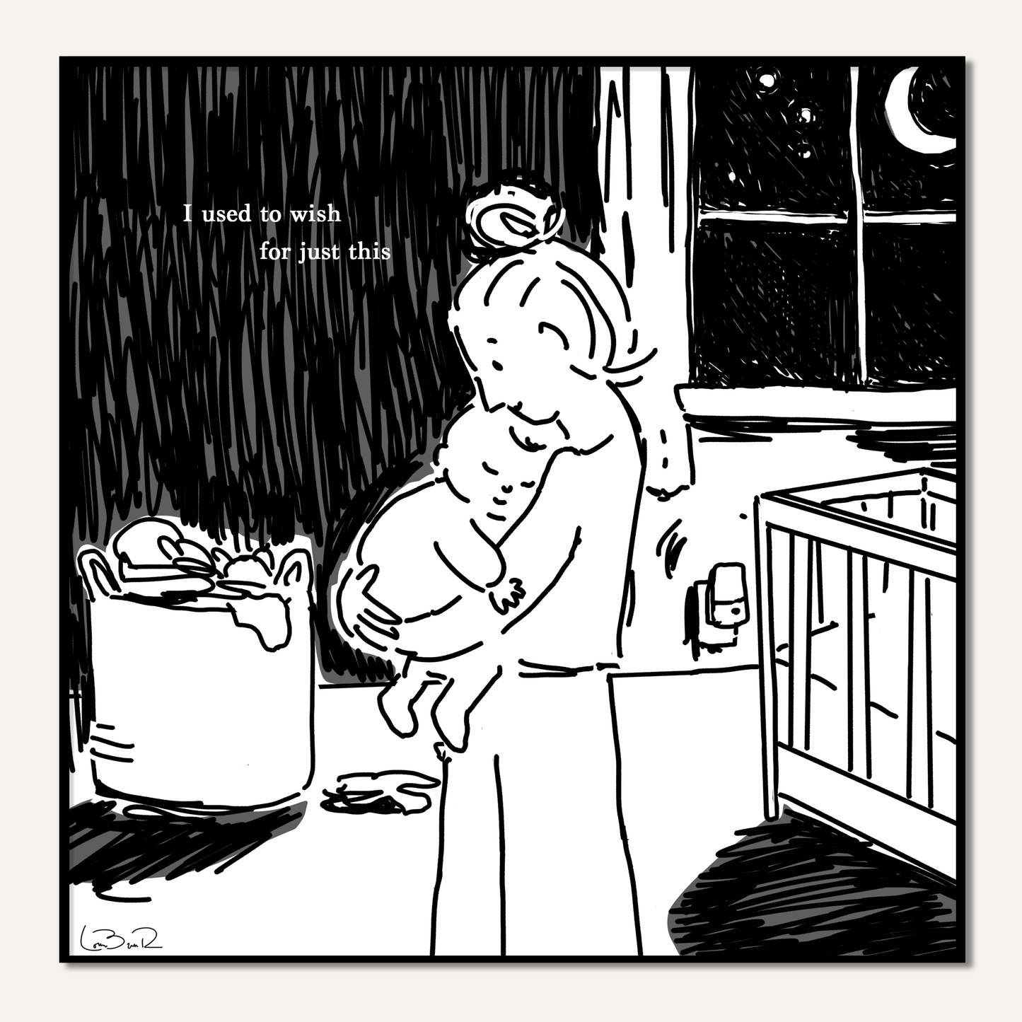 Line drawing of a person holding a baby in a nighttime room on white background with poem