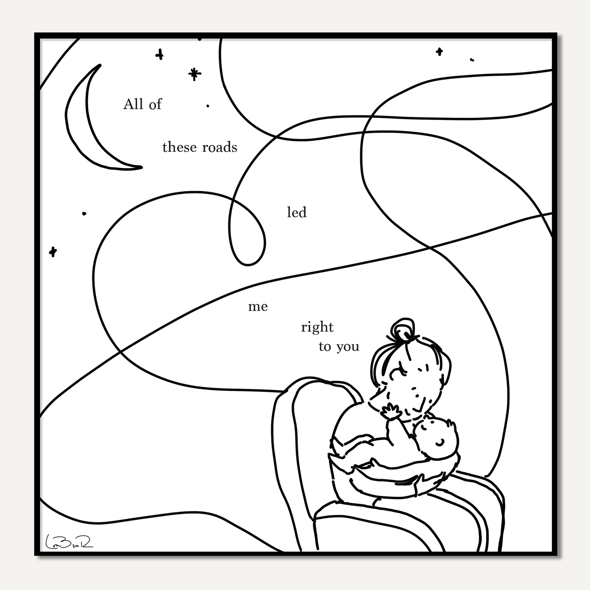 Line drawing of person with baby, moon, and stars on white background with poem