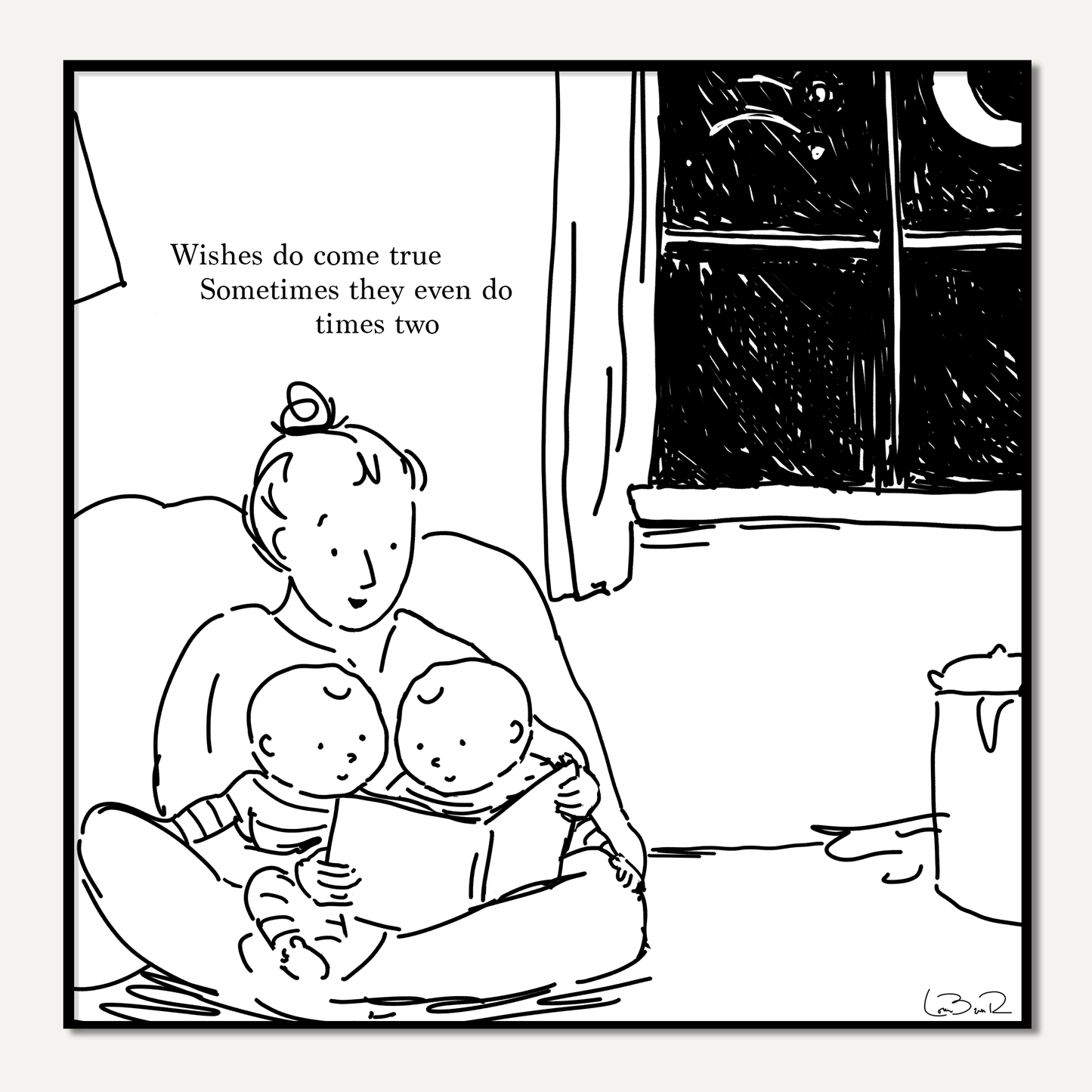 Line drawing of person sitting with two babies on their lap on white background with poem
