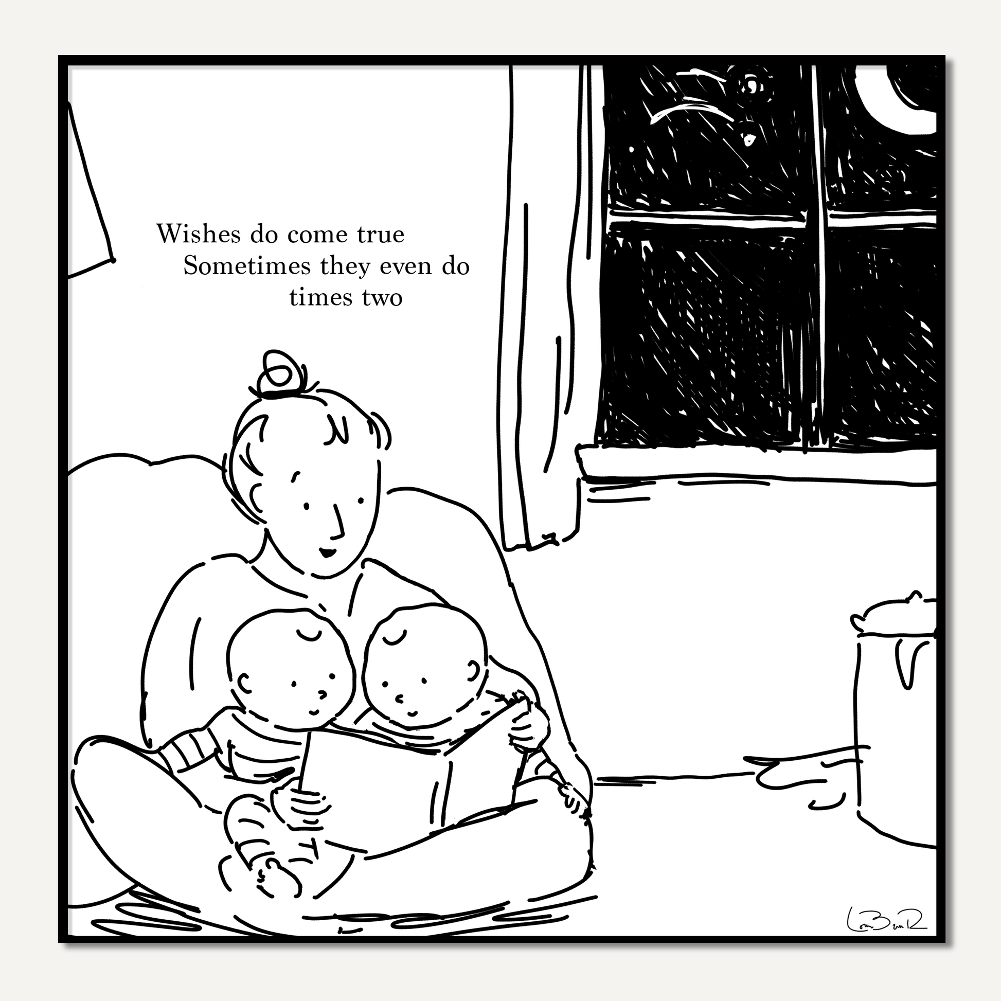 Line drawing of person sitting with two babies on their lap on white background with poem