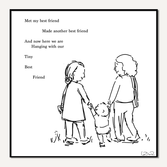 Black and white illustration of two adults and a child holding hands with text above them on a white background.