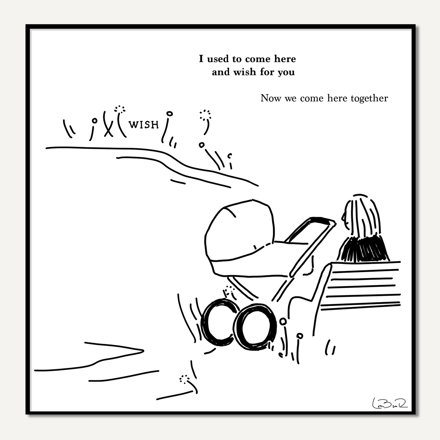 Line drawing of a person with a stroller on white background with poem