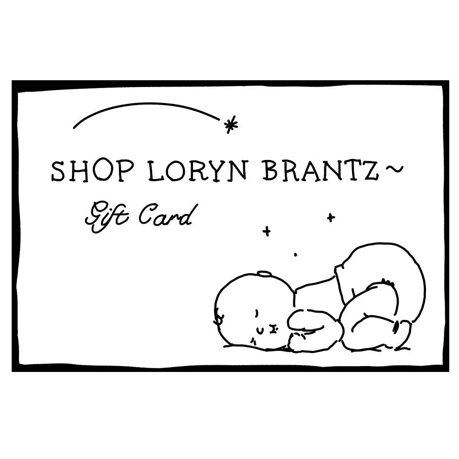 Gift card design with 'Shop Loryn Brantz' text and baby illustration on a white background